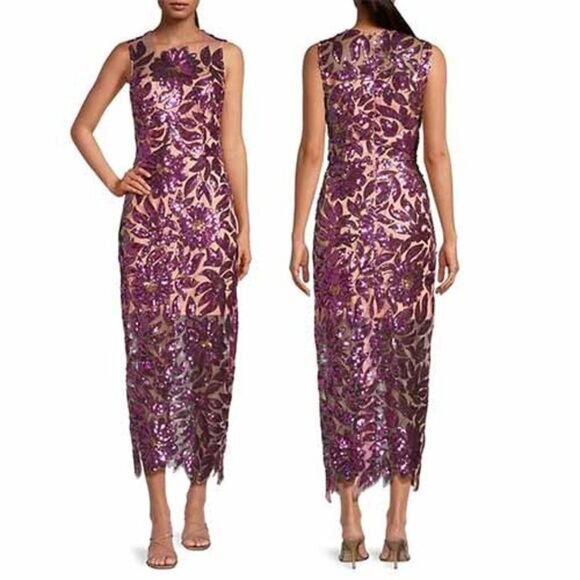 NWT Milly Kinsley Floral Garden Sequin Back Slit Sheath Midi Dress Purple Sz 8 - Picture 2 of 11